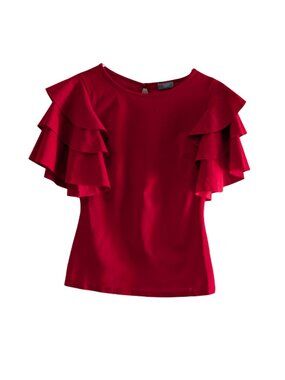 Vizio USA Women's Ruffle Sleeve Blouse, Red, Size Medium, Keyhole Back